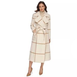DKNY Notch Collar Belted Wrap Cream and Tan Plaid Classic Trench Coat